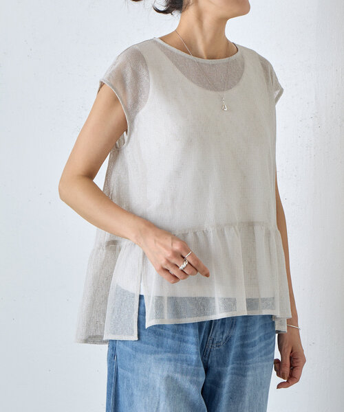 【美品】ビアズリー beardsley フリルカラーブラウス 15 quinze》裾フリルメッシュブラウス（シャツ/ブラウス