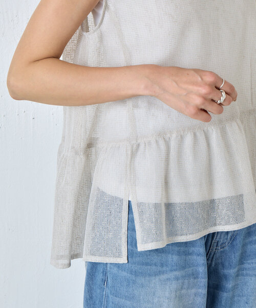 【美品】ビアズリー beardsley フリルカラーブラウス 15 quinze》裾フリルメッシュブラウス（シャツ/ブラウス