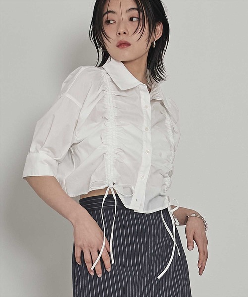 miette(ミエット)の「フロントシャーリング5分袖シャツ(シャツ/ブラウス・レディース・ライトブルー/オフホワイト/イエロー・FREE)」の2枚目の写真