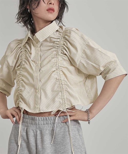miette(ミエット)の「フロントシャーリング5分袖シャツ(シャツ/ブラウス・レディース・ライトブルー/オフホワイト/イエロー・FREE)」の1枚目の写真
