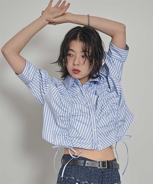 miette(ミエット)の「フロントシャーリング5分袖シャツ(シャツ/ブラウス・レディース・ライトブルー/オフホワイト/イエロー・FREE)」の9枚目の写真