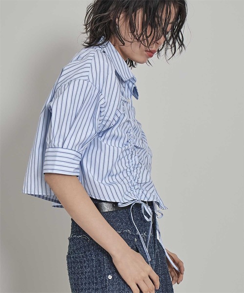 miette(ミエット)の「フロントシャーリング5分袖シャツ(シャツ/ブラウス・レディース・ライトブルー/オフホワイト/イエロー・FREE)」の13枚目の写真