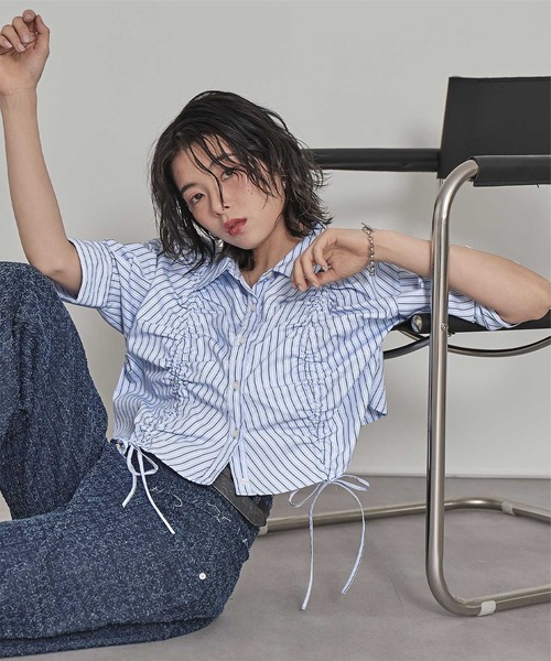 miette(ミエット)の「フロントシャーリング5分袖シャツ(シャツ/ブラウス・レディース・ライトブルー/オフホワイト/イエロー・FREE)」の14枚目の写真