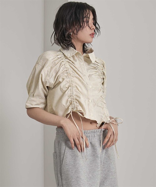 miette(ミエット)の「フロントシャーリング5分袖シャツ(シャツ/ブラウス・レディース・ライトブルー/オフホワイト/イエロー・FREE)」の16枚目の写真