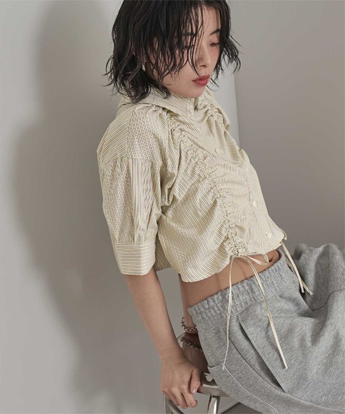 miette(ミエット)の「フロントシャーリング5分袖シャツ(シャツ/ブラウス・レディース・ライトブルー/オフホワイト/イエロー・FREE)」の20枚目の写真