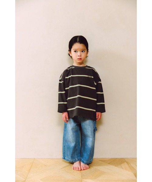 ooju（オージュ）の「【ooju】ペンシルボーダーロングTシャツ（Tシャツ/カットソー・キッズ・ベージュ/グリーン/チャコール・3/4/2/1）」の5枚目の写真