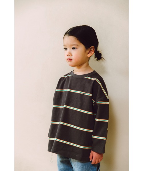 ooju（オージュ）の「【ooju】ペンシルボーダーロングTシャツ（Tシャツ/カットソー・キッズ・ベージュ/グリーン/チャコール・3/4/2/1）」の6枚目の写真