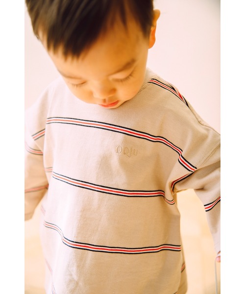 ooju（オージュ）の「【ooju】ペンシルボーダーロングTシャツ（Tシャツ/カットソー・キッズ・ベージュ/グリーン/チャコール・3/4/2/1）」の10枚目の写真