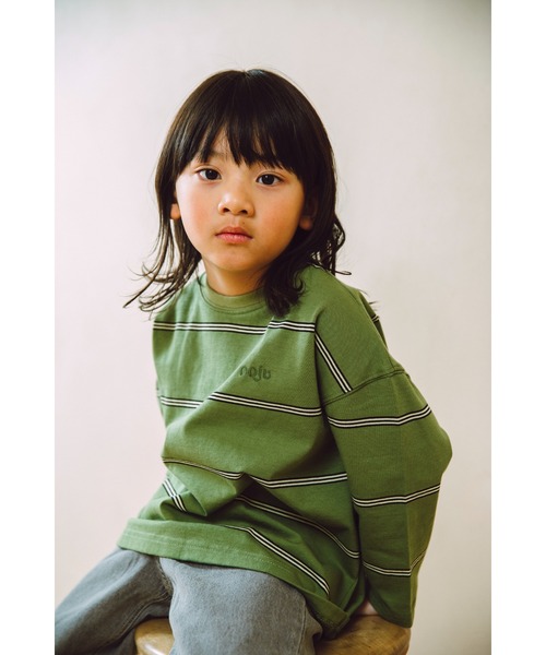 ooju（オージュ）の「【ooju】ペンシルボーダーロングTシャツ（Tシャツ/カットソー・キッズ・ベージュ/グリーン/チャコール・3/4/2/1）」の13枚目の写真