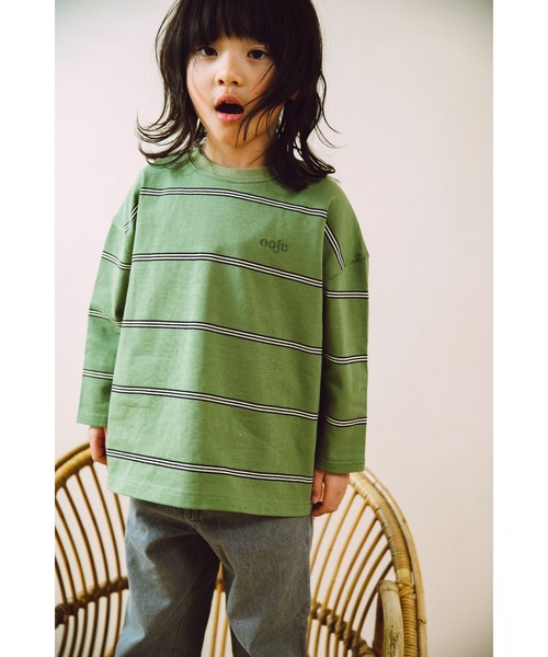 ooju（オージュ）の「【ooju】ペンシルボーダーロングTシャツ（Tシャツ/カットソー・キッズ・ベージュ/グリーン/チャコール・3/4/2/1）」の15枚目の写真