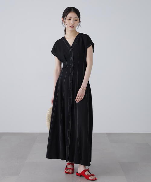 3サイズ展開XS-M】ウエストシェイプ配色ステッチワンピース【低