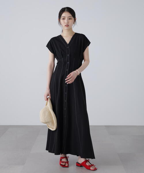 Y♡☞プロフ必読様ワンピースm 3サイズ展開XS-M】ウエストシェイプ配色ステッチワンピース【低身長