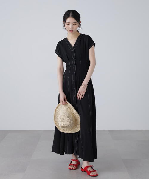 3サイズ展開XS-M】ウエストシェイプ配色ステッチワンピース【低身長