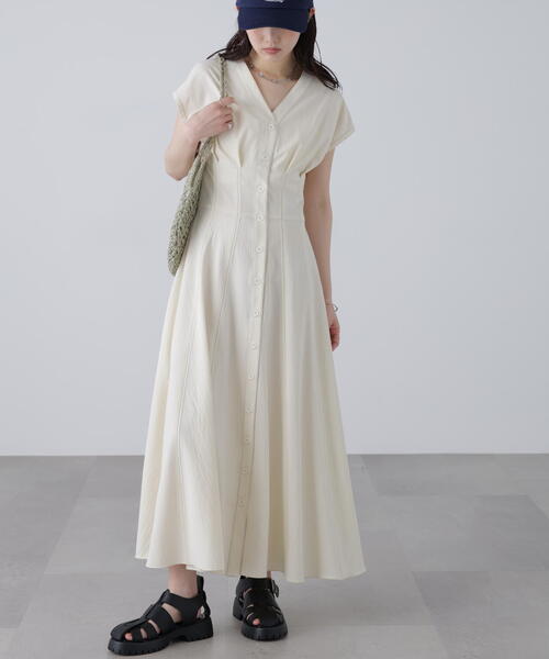 3サイズ展開XS-M】ウエストシェイプ配色ステッチワンピース【低身長