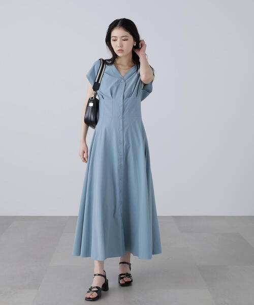 3サイズ展開XS-M】ウエストシェイプ配色ステッチワンピース【低身長