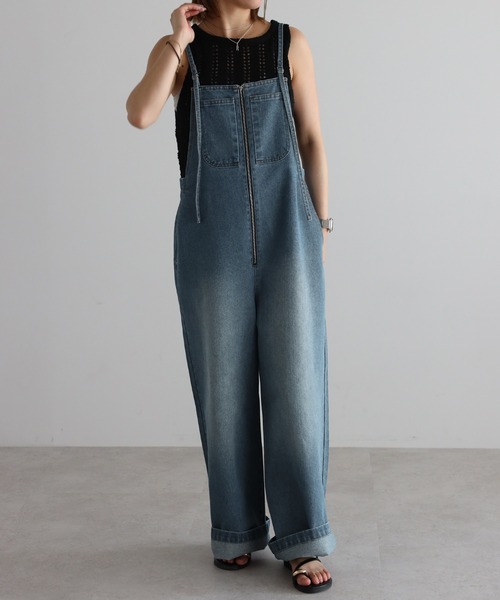 新品 CURRENTAGE フロントジップ デニム サロペット ブラック ボンジュールサガン BONJOUR SAGAN フロントジップストラップ