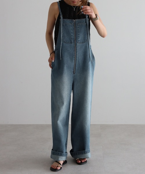 セール】フロントジップストラップデザインデニムサロペット