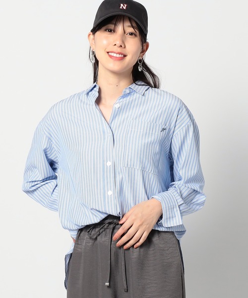 BROOKLYN OVERALL(ブルックリンオーバーオール)の「2WAY ストライプ柄ロゴ入り長袖シャツ(シャツ/ブラウス・レディース・グレー/ブルー系/ネイビー・FREE)」の3枚目の写真