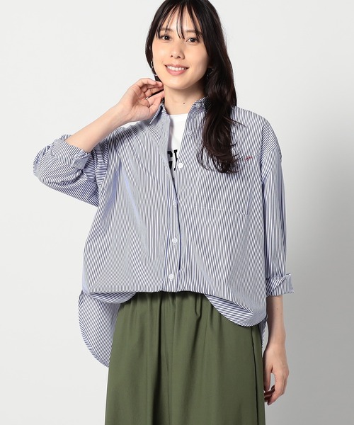 BROOKLYN OVERALL(ブルックリンオーバーオール)の「2WAY ストライプ柄ロゴ入り長袖シャツ(シャツ/ブラウス・レディース・グレー/ブルー系/ネイビー・FREE)」の2枚目の写真