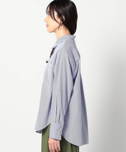 BROOKLYN OVERALL(ブルックリンオーバーオール)の「2WAY ストライプ柄ロゴ入り長袖シャツ(シャツ/ブラウス・レディース・グレー/ブルー系/ネイビー・FREE)」の7枚目の写真