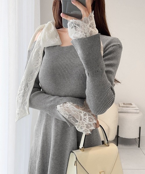 mily bilet(ミウィビレット)の「【mily bilet】華やかリボンで映える◎レースリボン使いワンオフショルニットワンピース(ワンピース・レディース・ブラック/グレー・LARGE/MEDIUM/SMALL/X-LARGE)」の7枚目の写真