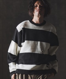 GLIMCLAP(ONbv)mn3139-Mid-gauge crewneck  border sweater-Distressed for a vintage look- N[lbNjbg(jbg/Z[^[)