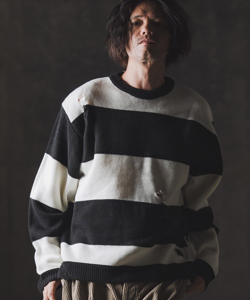 GLIMCLAP（グリムクラップ）の「mn3139-Mid-gauge crewneck  border sweater-Distressed for a vintage look- クルーネックニット（ニット/セーター・メンズ・ブルー系その他/ブラック×ホワイト/ブラック×レッド/グレー系その他・S/M/L）」の2枚目の写真