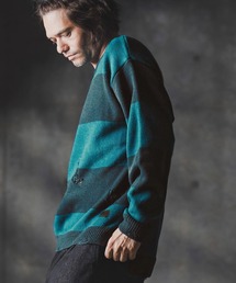 GLIMCLAP | mn3139-Mid-gauge crewneck border sweater-Distressed for a vintage look- クルーネックニット(ニット/セーター)