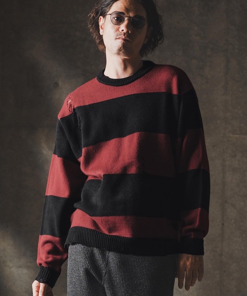 GLIMCLAP（グリムクラップ）の「mn3139-Mid-gauge crewneck  border sweater-Distressed for a vintage look- クルーネックニット（ニット/セーター・メンズ・ブルー系その他/ブラック×ホワイト/ブラック×レッド/グレー系その他・S/M/L）」の3枚目の写真