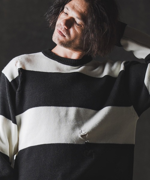 GLIMCLAP（グリムクラップ）の「mn3139-Mid-gauge crewneck  border sweater-Distressed for a vintage look- クルーネックニット（ニット/セーター・メンズ・ブルー系その他/ブラック×ホワイト/ブラック×レッド/グレー系その他・S/M/L）」の5枚目の写真