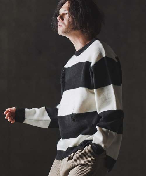 GLIMCLAP（グリムクラップ）の「mn3139-Mid-gauge crewneck  border sweater-Distressed for a vintage look- クルーネックニット（ニット/セーター・メンズ・ブルー系その他/ブラック×ホワイト/ブラック×レッド/グレー系その他・S/M/L）」の6枚目の写真