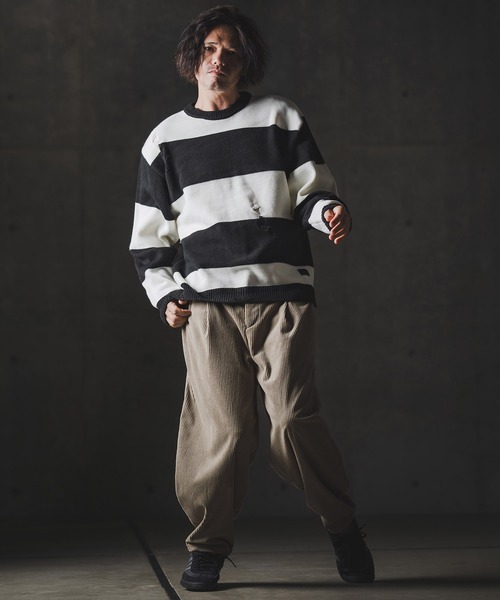 GLIMCLAP（グリムクラップ）の「mn3139-Mid-gauge crewneck  border sweater-Distressed for a vintage look- クルーネックニット（ニット/セーター・メンズ・ブルー系その他/ブラック×ホワイト/ブラック×レッド/グレー系その他・S/M/L）」の7枚目の写真