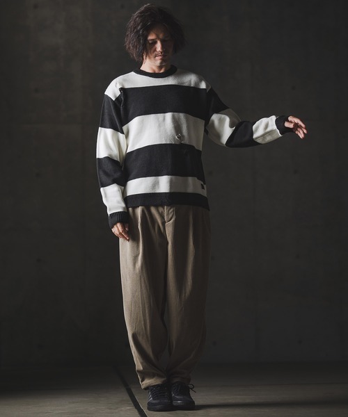 GLIMCLAP（グリムクラップ）の「mn3139-Mid-gauge crewneck  border sweater-Distressed for a vintage look- クルーネックニット（ニット/セーター・メンズ・ブルー系その他/ブラック×ホワイト/ブラック×レッド/グレー系その他・S/M/L）」の8枚目の写真