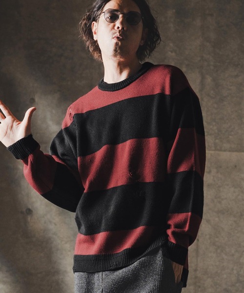 GLIMCLAP（グリムクラップ）の「mn3139-Mid-gauge crewneck  border sweater-Distressed for a vintage look- クルーネックニット（ニット/セーター・メンズ・ブルー系その他/ブラック×ホワイト/ブラック×レッド/グレー系その他・S/M/L）」の10枚目の写真