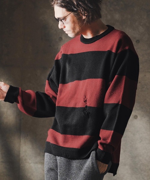 GLIMCLAP（グリムクラップ）の「mn3139-Mid-gauge crewneck  border sweater-Distressed for a vintage look- クルーネックニット（ニット/セーター・メンズ・ブルー系その他/ブラック×ホワイト/ブラック×レッド/グレー系その他・S/M/L）」の11枚目の写真