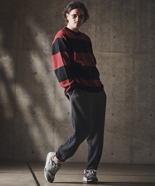 GLIMCLAP（グリムクラップ）の「mn3139-Mid-gauge crewneck  border sweater-Distressed for a vintage look- クルーネックニット（ニット/セーター・メンズ・ブルー系その他/ブラック×ホワイト/ブラック×レッド/グレー系その他・S/M/L）」の12枚目の写真