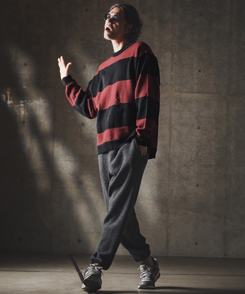 GLIMCLAP（グリムクラップ）の「mn3139-Mid-gauge crewneck  border sweater-Distressed for a vintage look- クルーネックニット（ニット/セーター・メンズ・ブルー系その他/ブラック×ホワイト/ブラック×レッド/グレー系その他・S/M/L）」の13枚目の写真