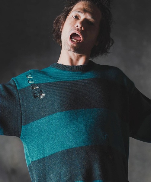 GLIMCLAP（グリムクラップ）の「mn3139-Mid-gauge crewneck  border sweater-Distressed for a vintage look- クルーネックニット（ニット/セーター・メンズ・ブルー系その他/ブラック×ホワイト/ブラック×レッド/グレー系その他・S/M/L）」の15枚目の写真
