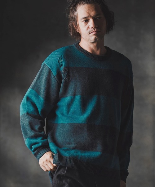 GLIMCLAP（グリムクラップ）の「mn3139-Mid-gauge crewneck  border sweater-Distressed for a vintage look- クルーネックニット（ニット/セーター・メンズ・ブルー系その他/ブラック×ホワイト/ブラック×レッド/グレー系その他・S/M/L）」の16枚目の写真