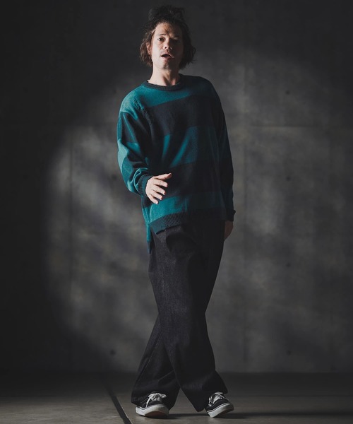 GLIMCLAP（グリムクラップ）の「mn3139-Mid-gauge crewneck  border sweater-Distressed for a vintage look- クルーネックニット（ニット/セーター・メンズ・ブルー系その他/ブラック×ホワイト/ブラック×レッド/グレー系その他・S/M/L）」の17枚目の写真