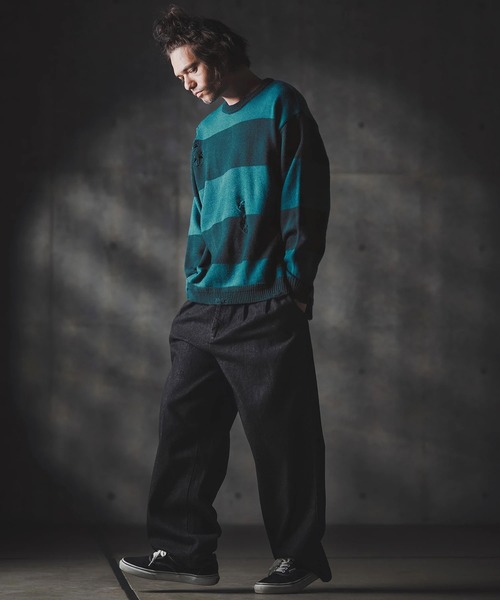 GLIMCLAP（グリムクラップ）の「mn3139-Mid-gauge crewneck  border sweater-Distressed for a vintage look- クルーネックニット（ニット/セーター・メンズ・ブルー系その他/ブラック×ホワイト/ブラック×レッド/グレー系その他・S/M/L）」の18枚目の写真