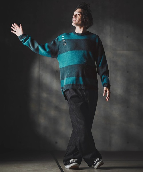 GLIMCLAP（グリムクラップ）の「mn3139-Mid-gauge crewneck  border sweater-Distressed for a vintage look- クルーネックニット（ニット/セーター・メンズ・ブルー系その他/ブラック×ホワイト/ブラック×レッド/グレー系その他・S/M/L）」の19枚目の写真