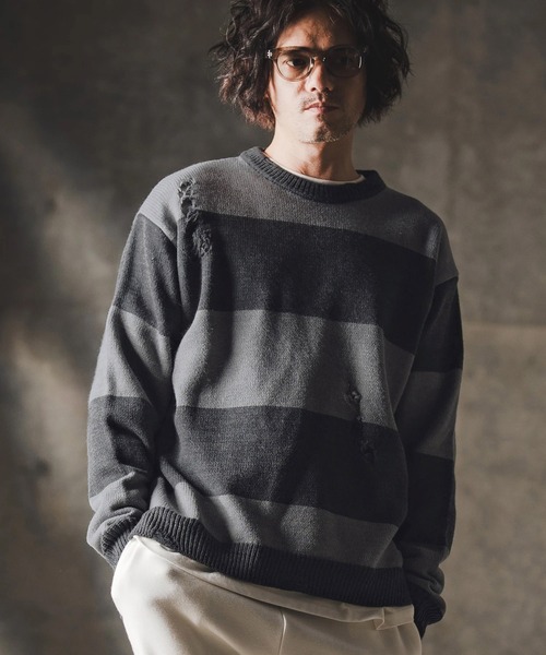 GLIMCLAP（グリムクラップ）の「mn3139-Mid-gauge crewneck  border sweater-Distressed for a vintage look- クルーネックニット（ニット/セーター・メンズ・ブルー系その他/ブラック×ホワイト/ブラック×レッド/グレー系その他・S/M/L）」の20枚目の写真