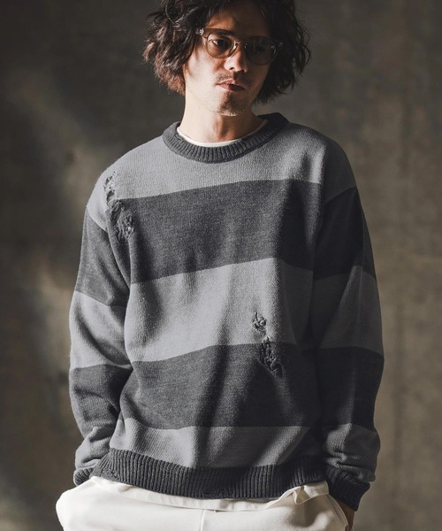 GLIMCLAP（グリムクラップ）の「mn3139-Mid-gauge crewneck  border sweater-Distressed for a vintage look- クルーネックニット（ニット/セーター・メンズ・ブルー系その他/ブラック×ホワイト/ブラック×レッド/グレー系その他・S/M/L）」の21枚目の写真