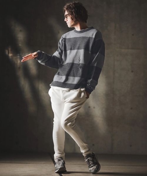 GLIMCLAP（グリムクラップ）の「mn3139-Mid-gauge crewneck  border sweater-Distressed for a vintage look- クルーネックニット（ニット/セーター・メンズ・ブルー系その他/ブラック×ホワイト/ブラック×レッド/グレー系その他・S/M/L）」の22枚目の写真