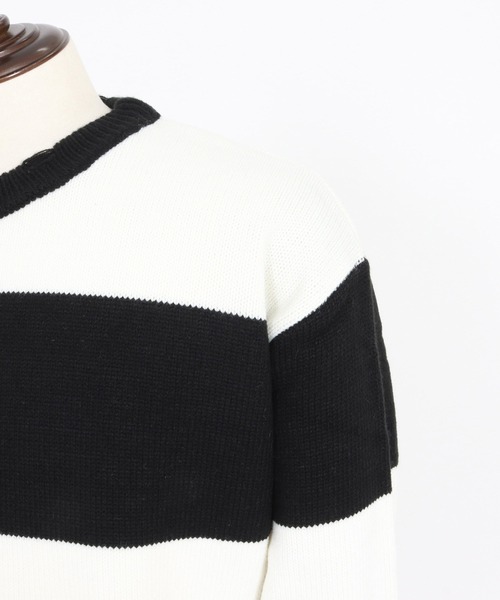 セール】mn3139-Mid-gauge crewneck border sweater-Distressed for a 