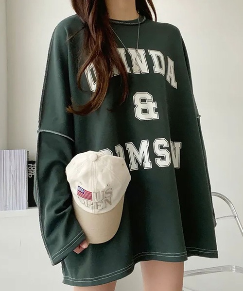 Asterellivi（アステレリビ）の「前プリントビックシルエットロングTシャツ　カットソー（Tシャツ/カットソー・レディース・グリーン/ライトグレー/ブラック・FREE）」の3枚目の写真