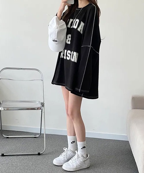 Asterellivi（アステレリビ）の「前プリントビックシルエットロングTシャツ　カットソー（Tシャツ/カットソー・レディース・グリーン/ライトグレー/ブラック・FREE）」の9枚目の写真
