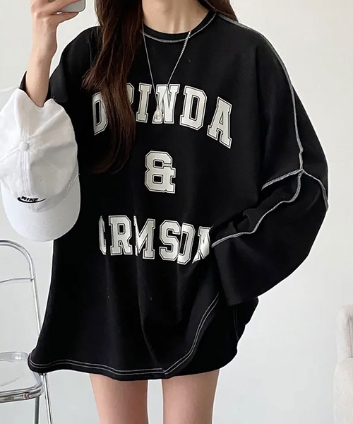 Asterellivi（アステレリビ）の「前プリントビックシルエットロングTシャツ　カットソー（Tシャツ/カットソー・レディース・グリーン/ライトグレー/ブラック・FREE）」の7枚目の写真