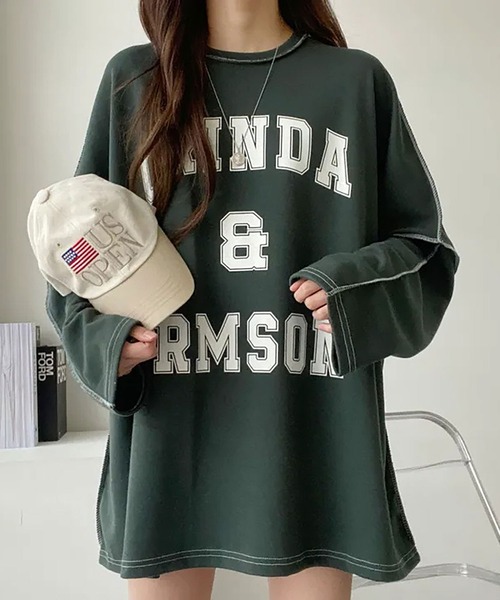 Asterellivi（アステレリビ）の「前プリントビックシルエットロングTシャツ　カットソー（Tシャツ/カットソー・レディース・グリーン/ライトグレー/ブラック・FREE）」の12枚目の写真